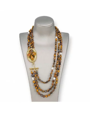 Collana Bijoux Con Pietre Dure e Perle Di Fiume a 3 File, Con Chiusura Centrale Di Bronzo Zirconi e Pietre 50cm Occhio Di Tigre-DESIGN ITALY | Worldofjewel.com