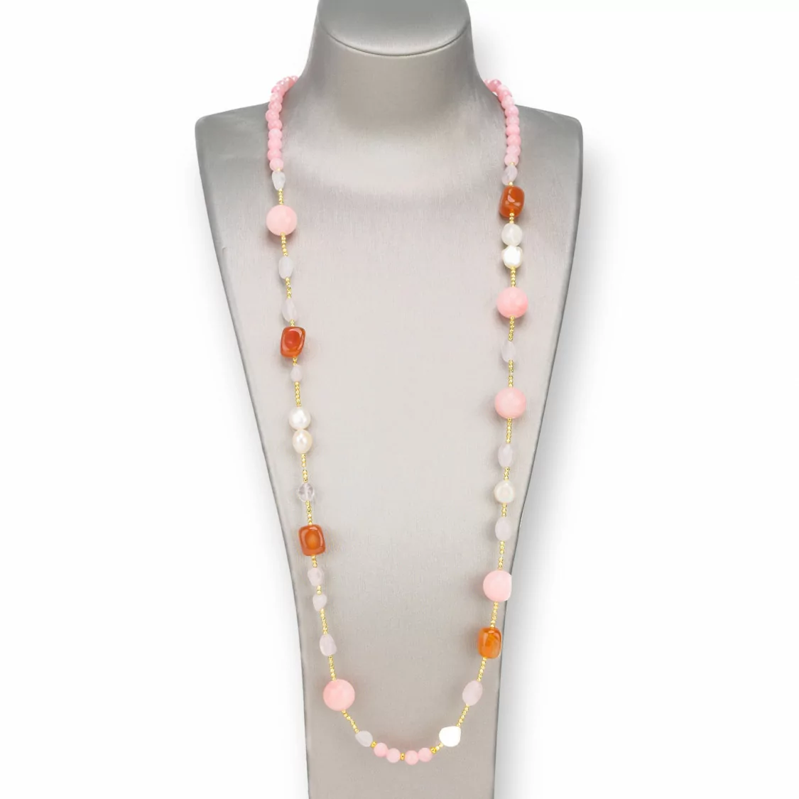 Collana Bijoux Con Pietre Dure, Perle Di Fiume E Ematite Con Chiusura 90cm Rosa-DESIGN ITALY | Worldofjewel.com