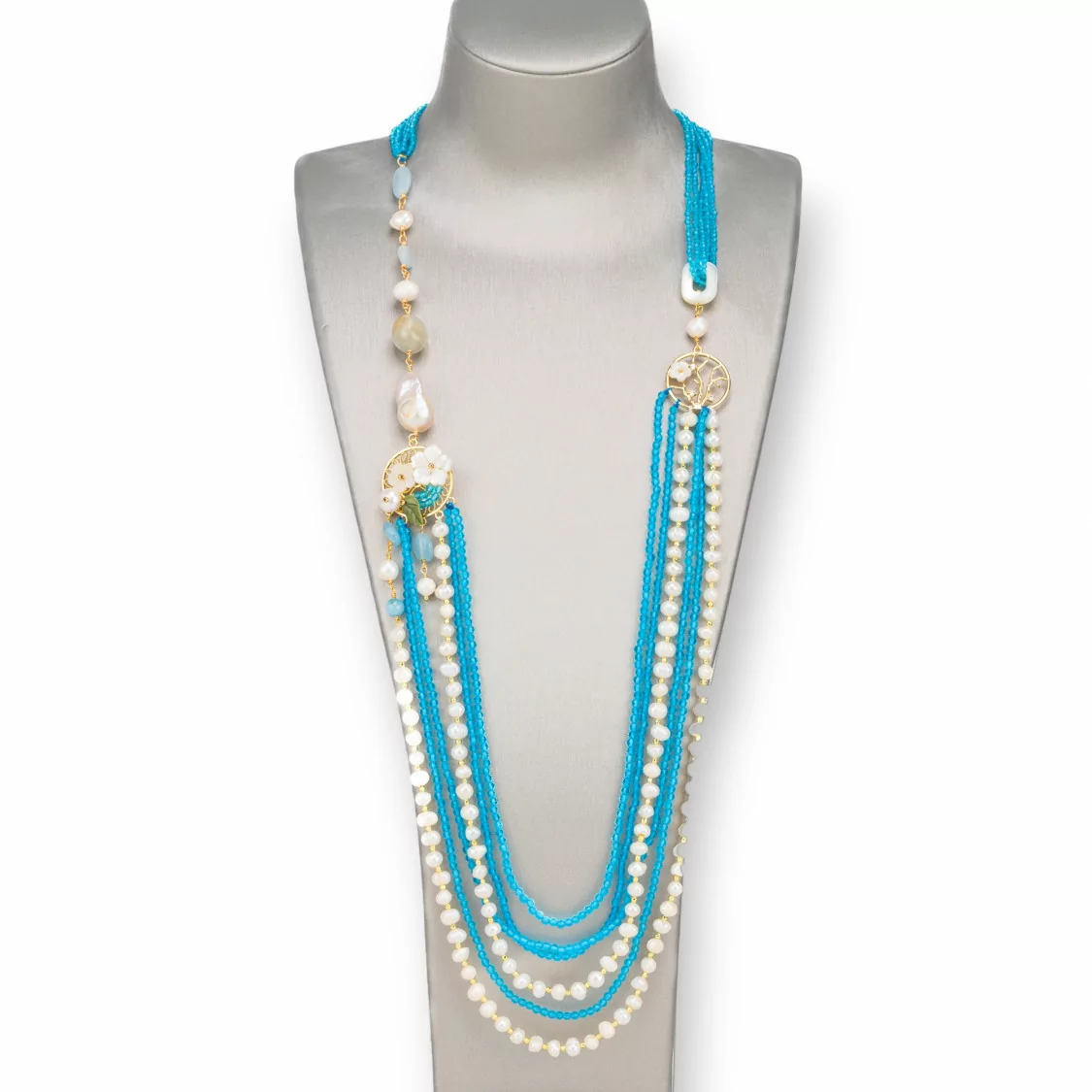 Collana Bijoux Con Pietre Dure, Perle Di Fiume E Madreperla 85cm Azzurro-DESIGN ITALY | Worldofjewel.com