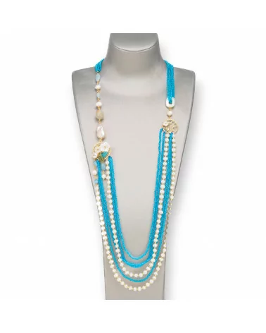 Collana Bijoux Con Pietre Dure, Perle Di Fiume E Madreperla 85cm Azzurro-DESIGN ITALY | Worldofjewel.com