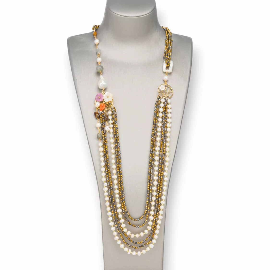 Collana Bijoux Con Pietre Dure, Perle Di Fiume E Madreperla 85cm Oro e Argento-DESIGN ITALY | Worldofjewel.com