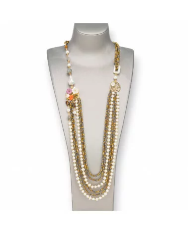 Collana Bijoux Con Pietre Dure, Perle Di Fiume E Madreperla 85cm Oro e Argento-DESIGN ITALY | Worldofjewel.com