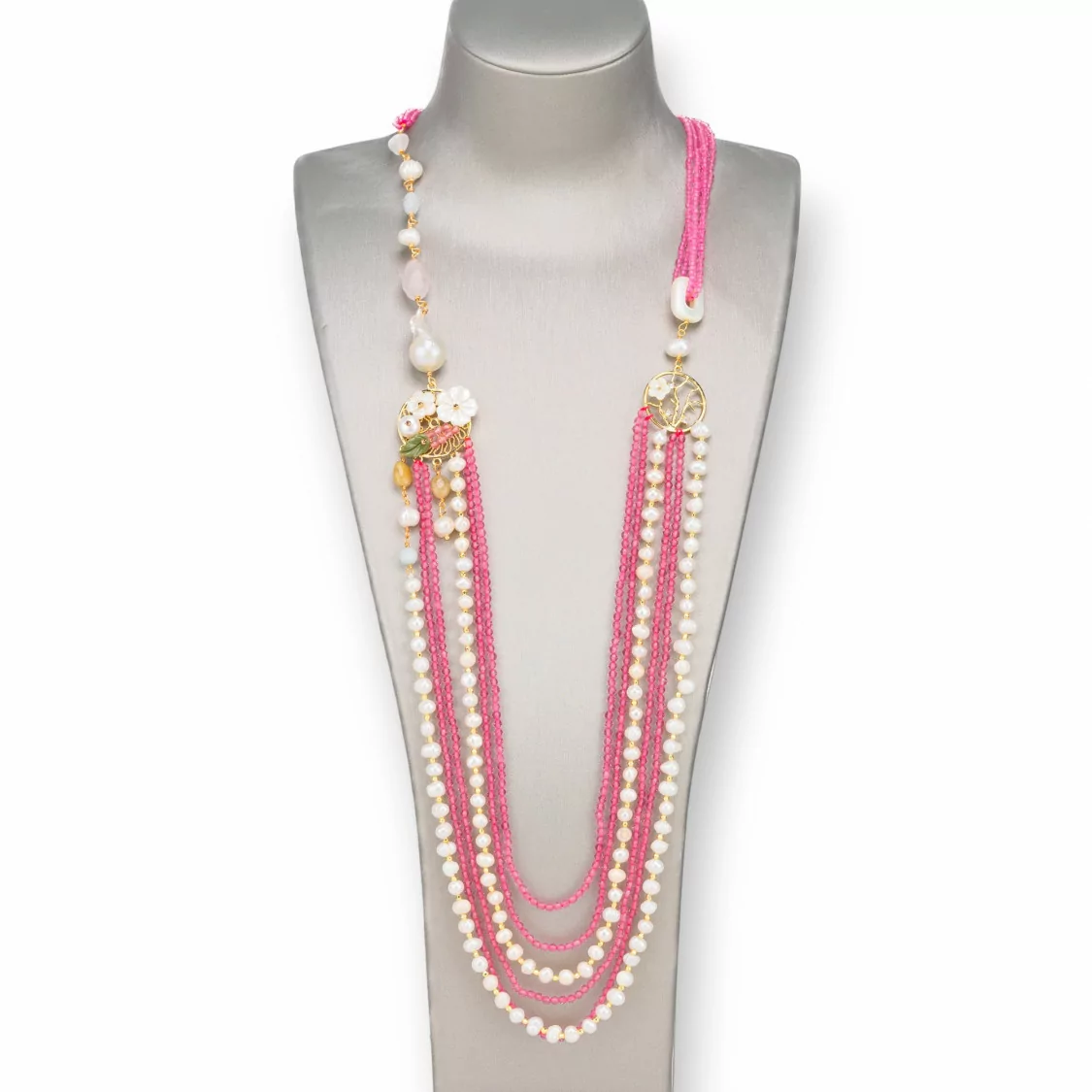 Collana Bijoux Con Pietre Dure, Perle Di Fiume E Madreperla 85cm Rosa-DESIGN ITALY | Worldofjewel.com