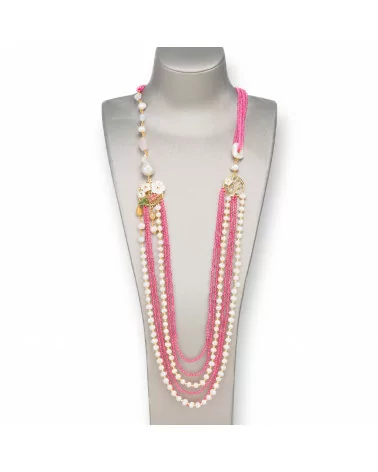 Collana Bijoux Con Pietre Dure, Perle Di Fiume E Madreperla 85cm Rosa-DESIGN ITALY | Worldofjewel.com