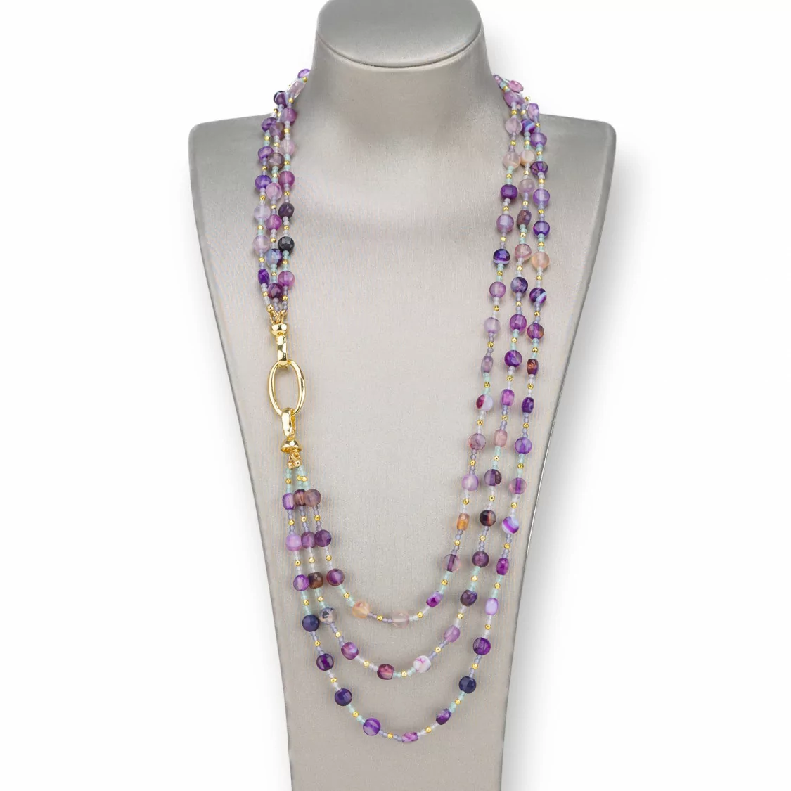 Collana Bijoux Con Pietre Dure, Zirconi Diamond Cut, Ematite a 3 File Con Chiusura Di Bronzo 55cm Agata Viola Striata-DESIGN ITALY | Worldofjewel.com