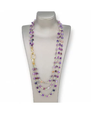 Collana Bijoux Con Pietre Dure, Zirconi Diamond Cut, Ematite a 3 File Con Chiusura Di Bronzo 55cm Agata Viola Striata-DESIGN ITALY | Worldofjewel.com