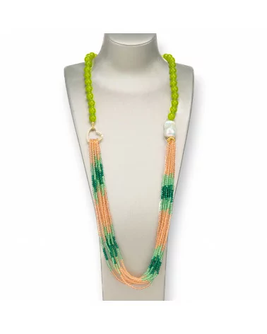 Collana Bijoux Con Pietre Dure, Zirconi Diamond Cut, Perla Barocca E Chiusura Di Bronzo 85cm Giada Peridot-DESIGN ITALY | Worldofjewel.com