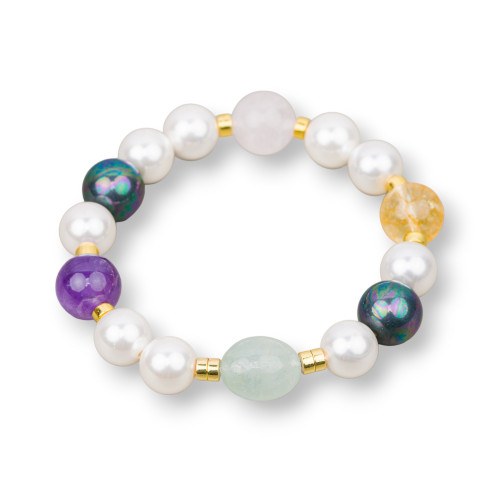 Elastisches Armband aus mallorquinischen Perlen mit Rosenquarz, Amethyst, Citrin, Aquamarin und Hämatit 10-12 mm