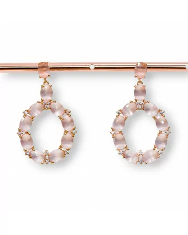 Orecchini Di Bronzo A Perno Con Occhio Di Gatto Incastonato Ovale Con Zirconi 25,5x42mm Dorato Rosa-BRONZO CRYSTAL | Worldofjewel.com