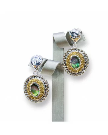 Orecchini A Perno Di Bronzo Con Marcasite Strass E Abalone Ovale-BRONZO FANTASIA | Worldofjewel.com