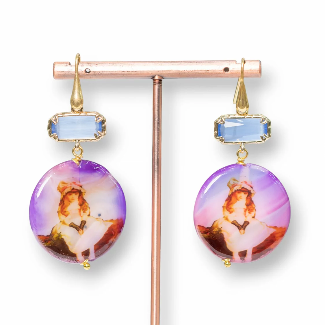 Orecchini A Monachella Di Argento 925 Con Occhio DI Gatto Bordato E Agata Pantografata 30x60mm Viola-ORECCHINI 925 SILVER HANDMADE | Worldofjewel.com