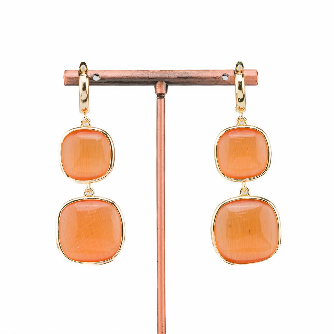 Orecchini Di Bronzo A Perno Con Occhio Di Gatto Doppio Quadratino 22x60mm Arancio-BRONZO CRYSTAL | Worldofjewel.com