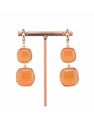 Orecchini Di Bronzo A Perno Con Occhio Di Gatto Doppio Quadratino 22x60mm Arancio-BRONZO CRYSTAL | Worldofjewel.com