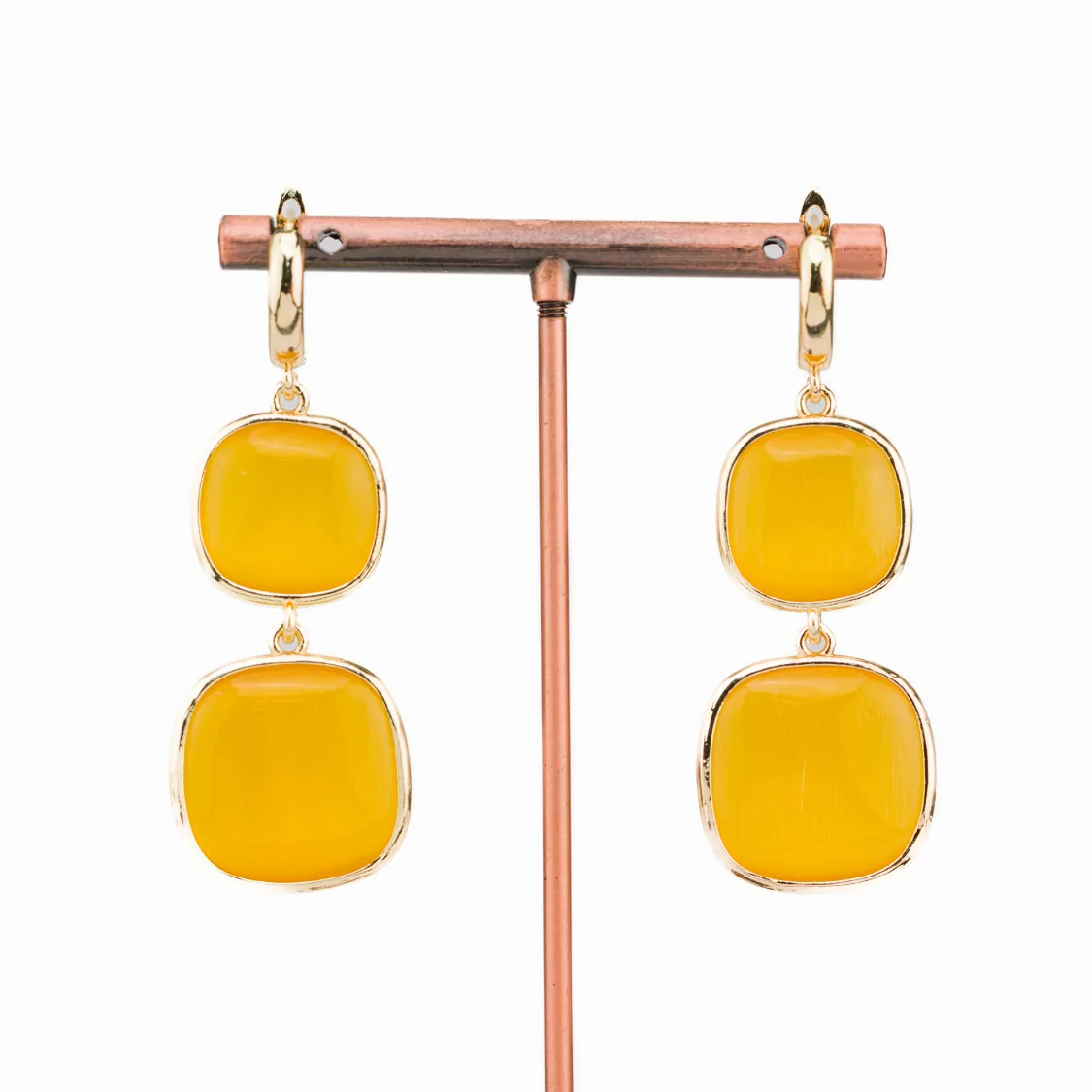 Orecchini Di Bronzo A Perno Con Occhio Di Gatto Doppio Quadratino 22x60mm Giallo-BRONZO CRYSTAL | Worldofjewel.com