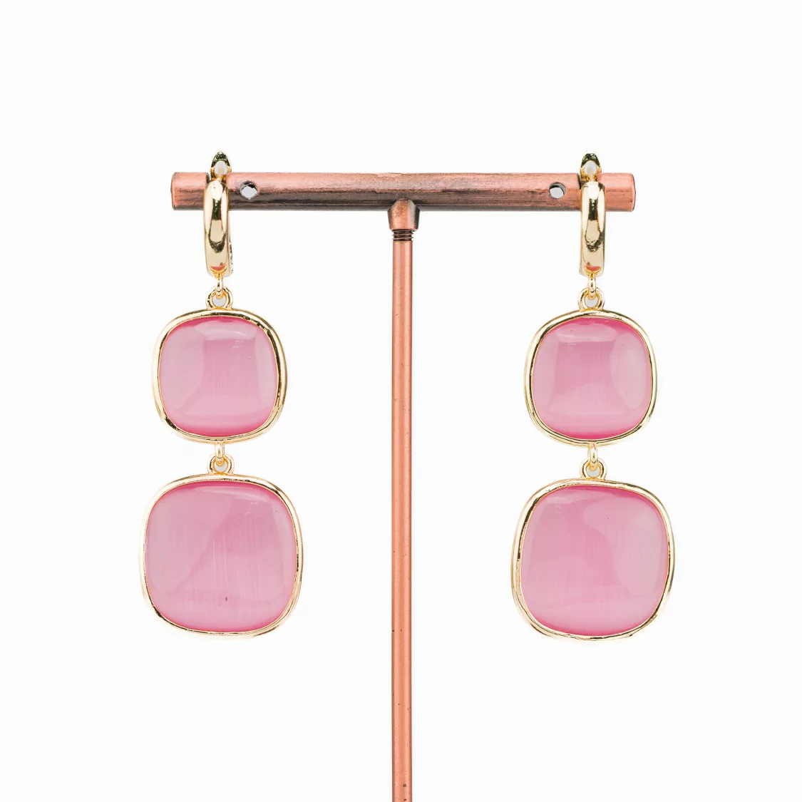 Orecchini Di Bronzo A Perno Con Occhio Di Gatto Doppio Quadratino 22x60mm Rosa-BRONZO CRYSTAL | Worldofjewel.com