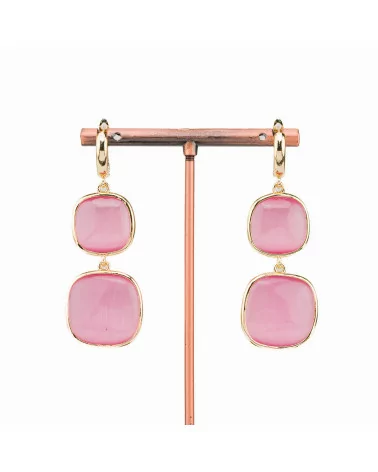 Orecchini Di Bronzo A Perno Con Occhio Di Gatto Doppio Quadratino 22x60mm Rosa-BRONZO CRYSTAL | Worldofjewel.com