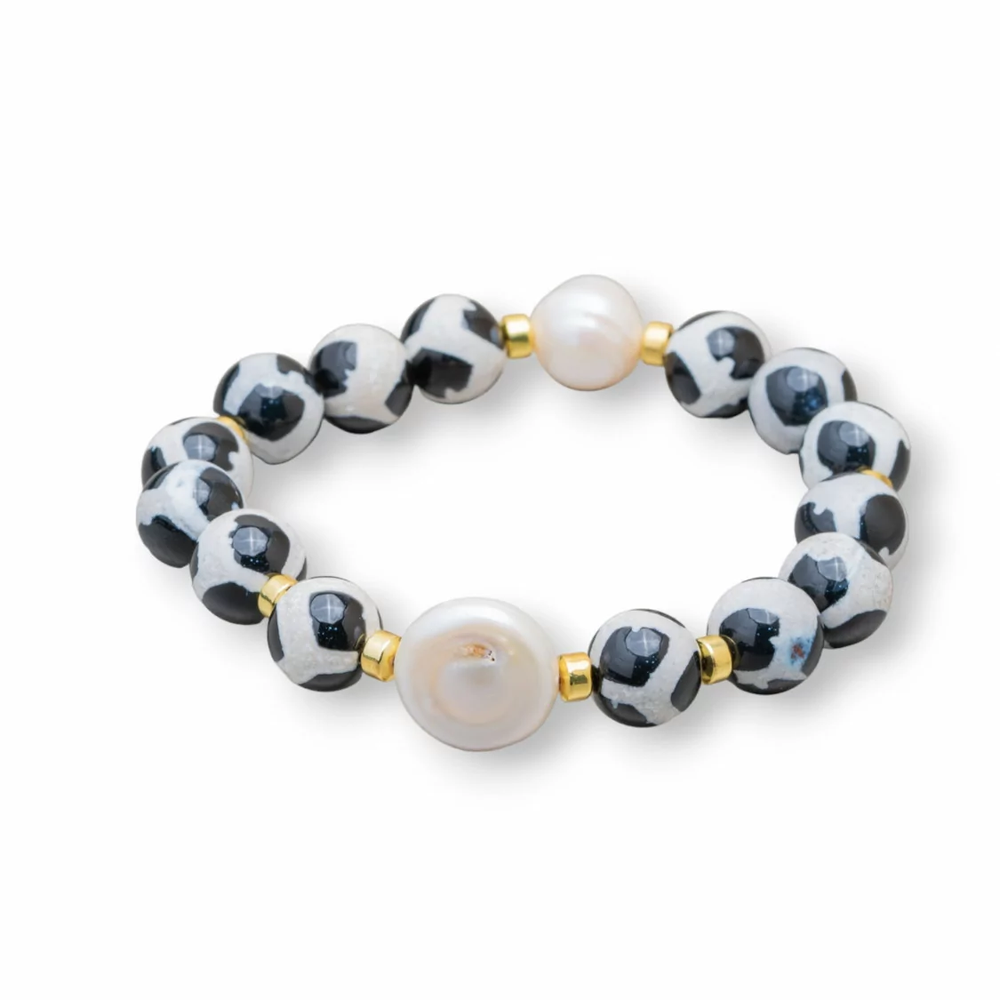 Bracciale Elastico Di Agata Tibetana Con Perle Di Fiume 10mm Nero-BRACCIALI DI PIETRE E PERLE | Worldofjewel.com