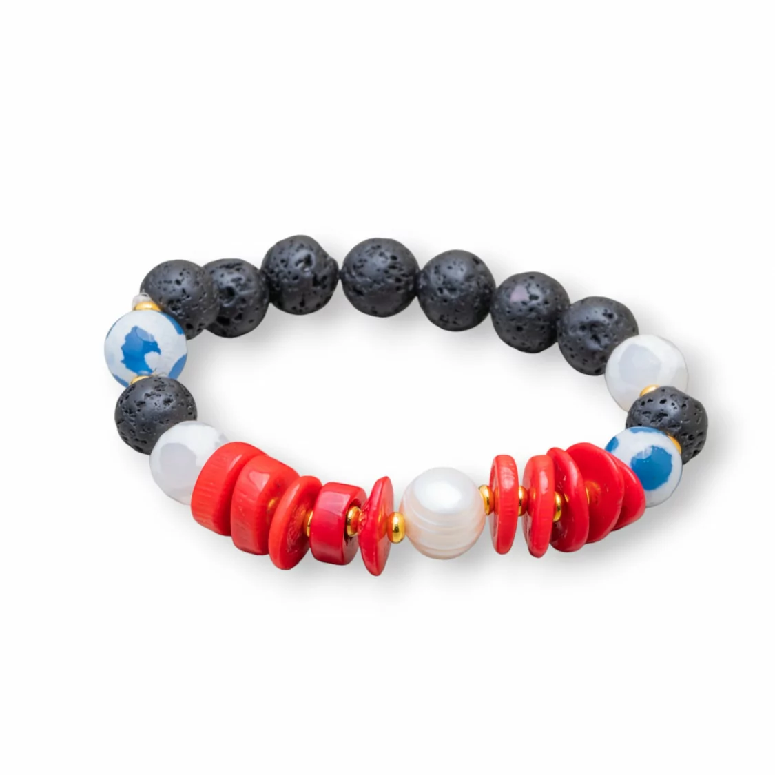 Bracciali Di Pietra Lavica Con Corallo Bamboo E Perle 10-12mm Azzurro-BRACCIALI DI PIETRE DURE | Worldofjewel.com