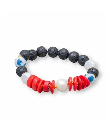 Bracciali Di Pietra Lavica Con Corallo Bamboo E Perle 10-12mm Azzurro-BRACCIALI DI PIETRE DURE | Worldofjewel.com