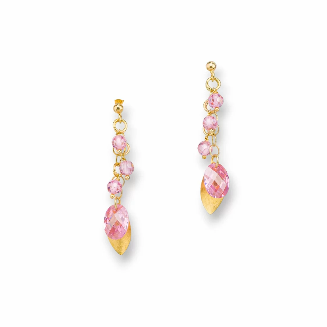 Orecchini A Perno Di Argento 925 Con Foglie Di Argento E Zirconi Ovali Sfaccettato 15x50mm Rosa-ARGENTO 925 DESIGN ITALY | Worldofjewel.com