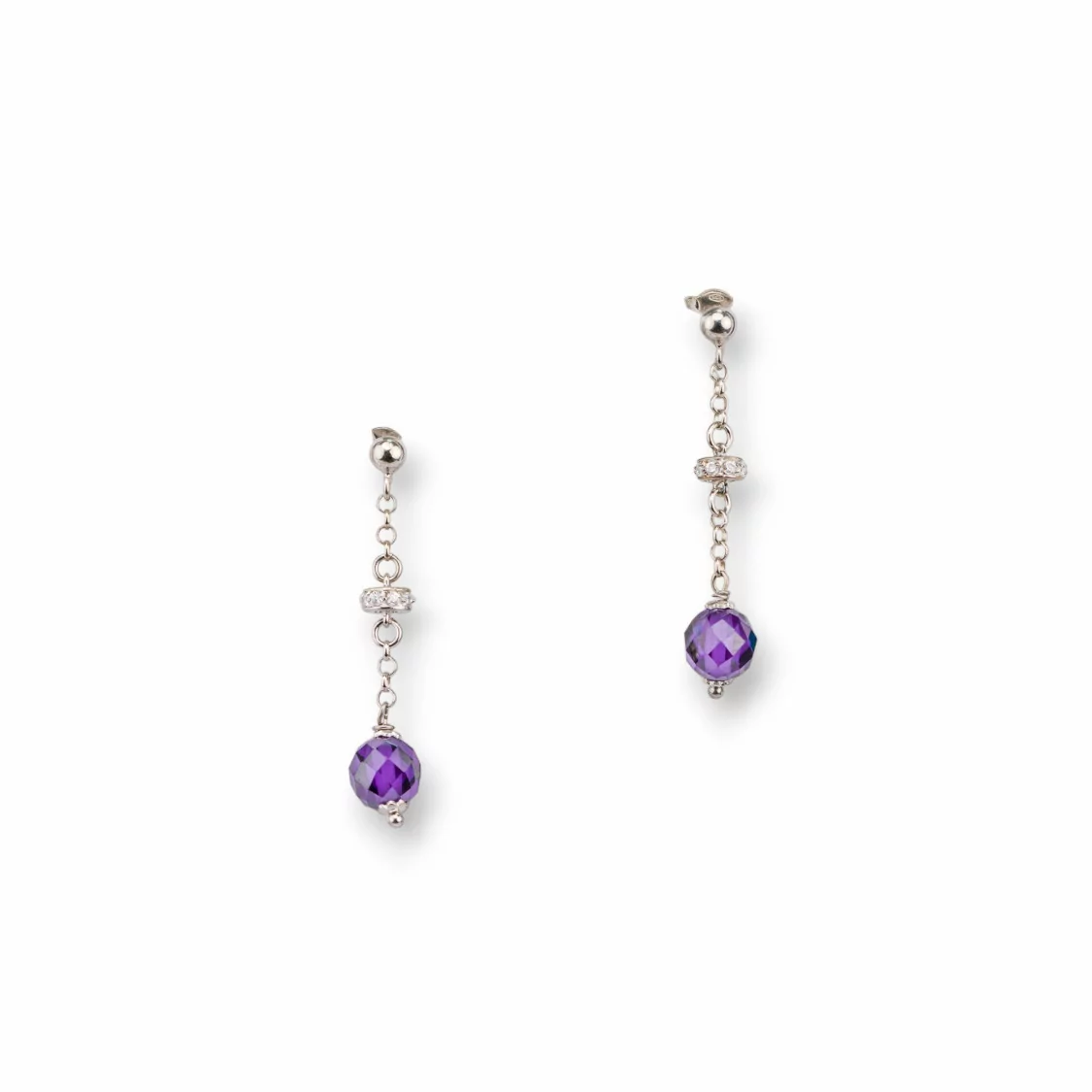 Orecchini A Perno Di Argento 925 Con Zirconi A Sfera Sfaccettata 8mm Viola E Rondelle Zirconate 8x44mm-ARGENTO 925 DESIGN ITALY | Worldofjewel.com