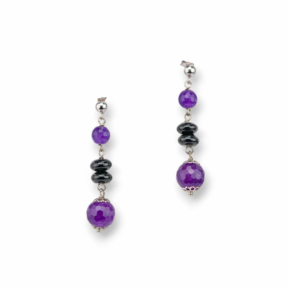 Orecchini A Perno Di Argento 925 Con Onice E Giada Viola Sfera Sfaccettata 12x52mm-ARGENTO 925 CRYSTAL | Worldofjewel.com