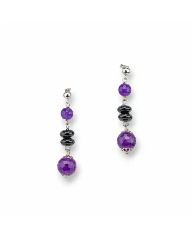 Orecchini A Perno Di Argento 925 Con Onice E Giada Viola Sfera Sfaccettata 12x52mm-ARGENTO 925 CRYSTAL | Worldofjewel.com