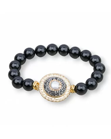 Bracciale Elastico Di Onice 10mm E Centrale Marcasite Tondo-BRACCIALI DI PIETRE DURE | Worldofjewel.com