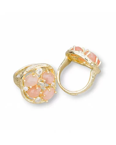 Anello Di Bronzo Con Pietre Dure e Zirconi Incastonati 20x23mm Misura Regolabile Dorato Pietra Di Luna Rosa-ANELLI BRONZO E OCCHIO DI GATTO | Worldofjewel.com