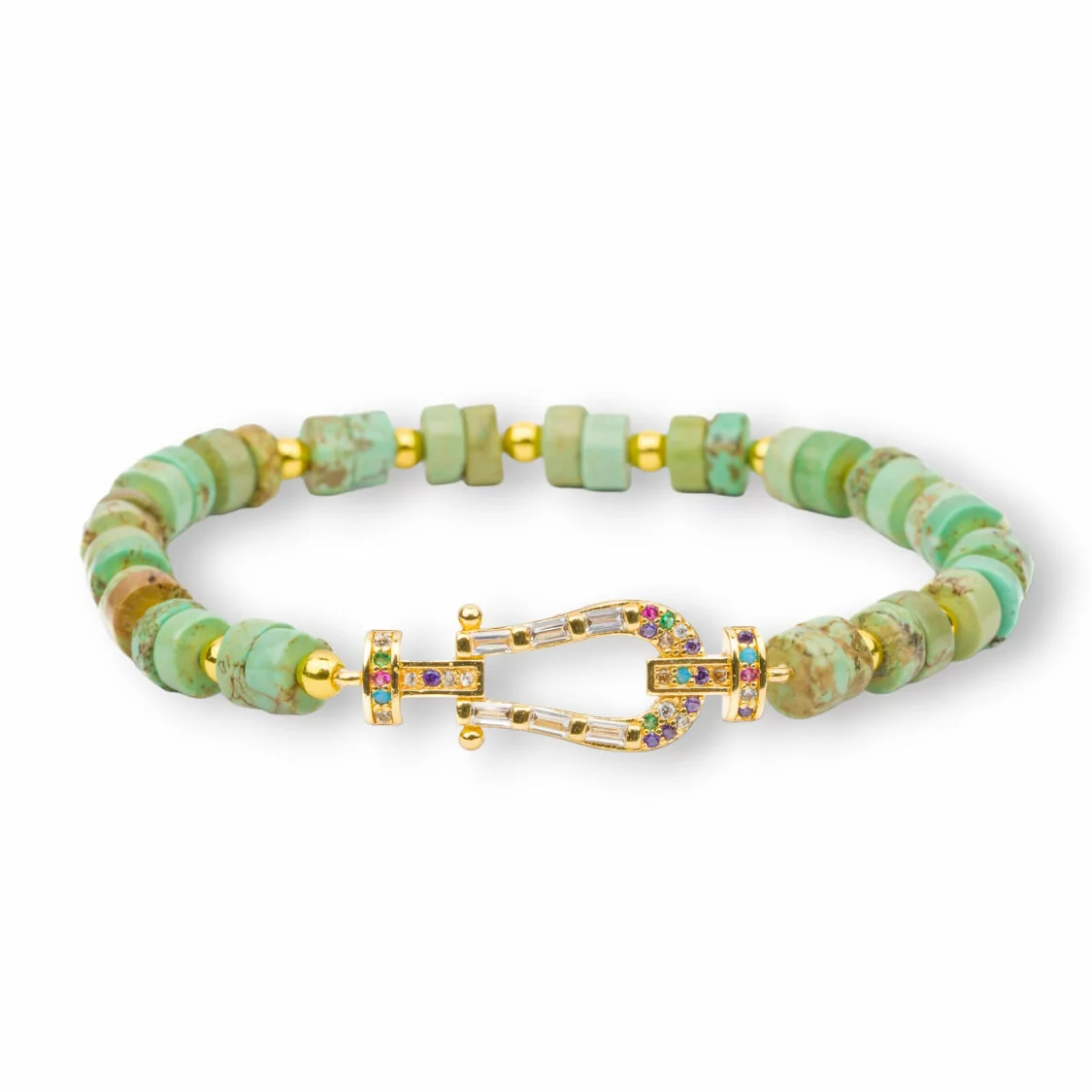 Bracciali Elasticizzato Di Pietre Dure Dischi 6mm Con Ematite E Centrale Di Bronzo Con Zirconi Magnesite Verde-BRACCIALI DI PIETRE DURE | Worldofjewel.com