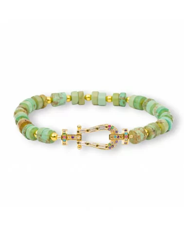 Bracciali Elasticizzato Di Pietre Dure Dischi 6mm Con Ematite E Centrale Di Bronzo Con Zirconi Magnesite Verde-BRACCIALI DI PIETRE DURE | Worldofjewel.com