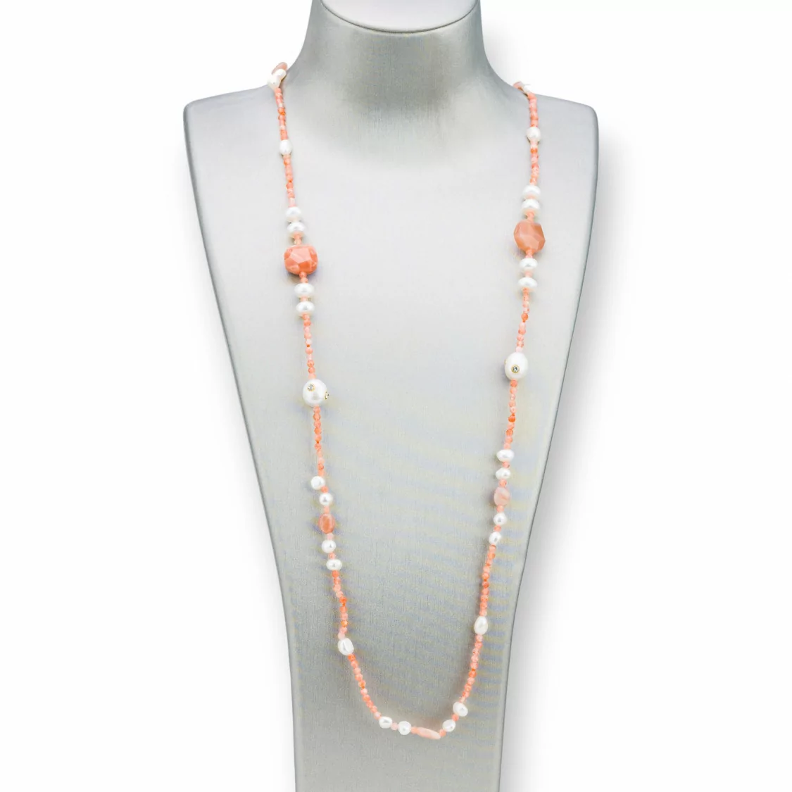 Collana Bijoux Con Pietre Dure, Perle Di Fiume Con Zirconi Annodate 90cm MOD1 Pietra Di Luna Rosa-DESIGN ITALY | Worldofjewel.com