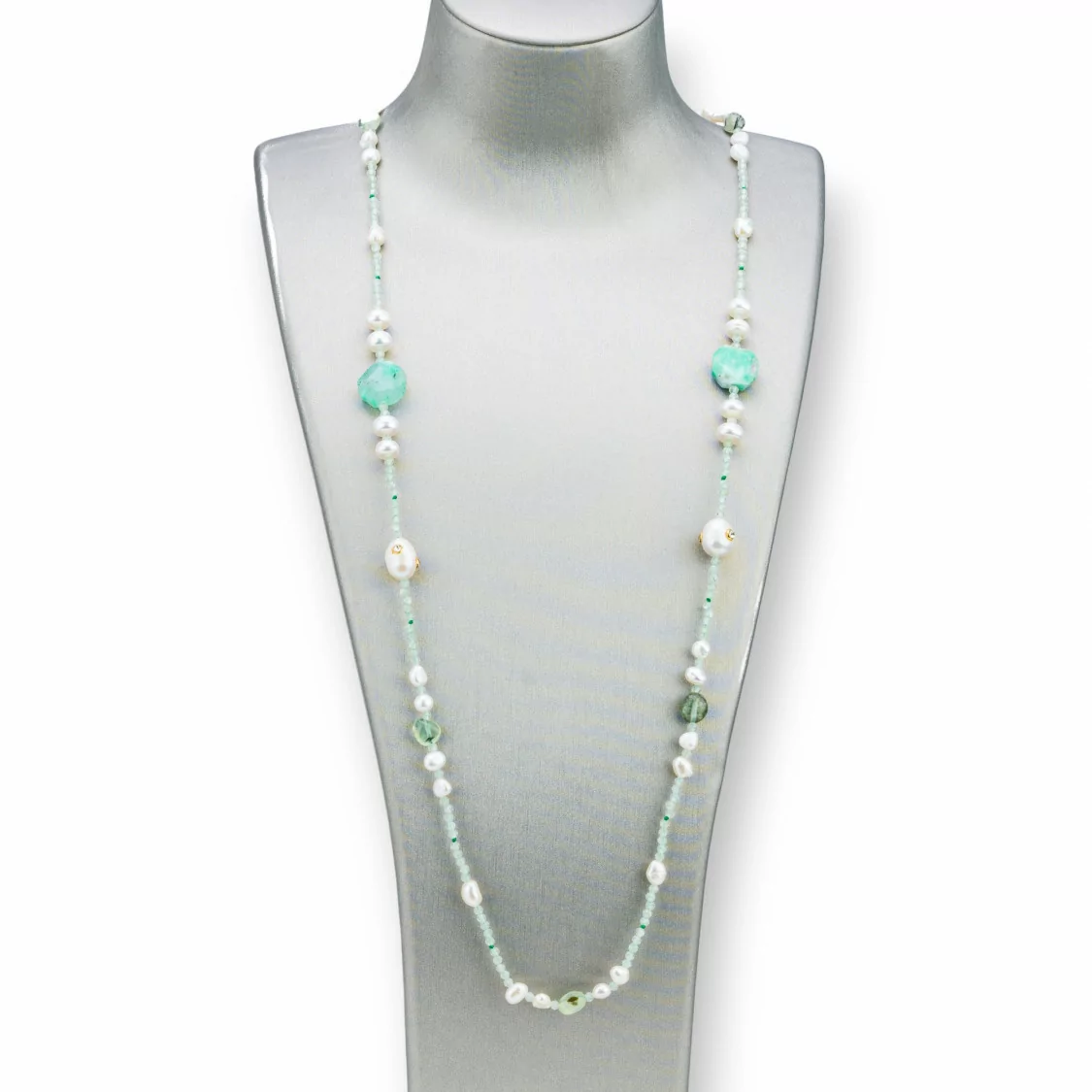 Collana Bijoux Con Pietre Dure, Perle Di Fiume Con Zirconi Annodate 90cm MOD2 Prenite-DESIGN ITALY | Worldofjewel.com