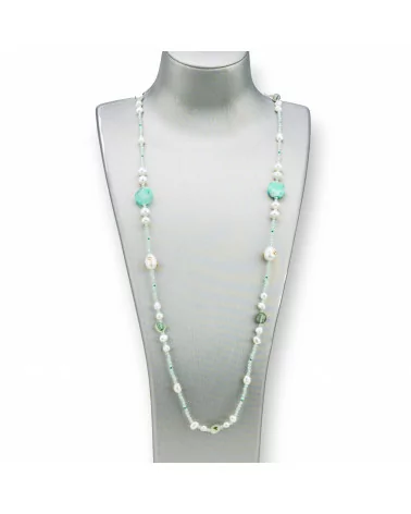 Collana Bijoux Con Pietre Dure, Perle Di Fiume Con Zirconi Annodate 90cm MOD2 Prenite-DESIGN ITALY | Worldofjewel.com