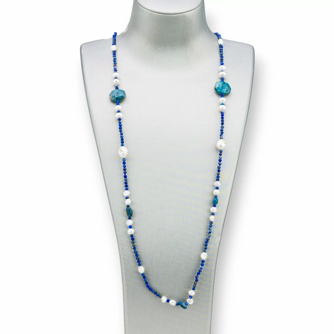 Collana Bijoux Con Pietre Dure, Perle Di Fiume Con Zirconi Annodate 90cm MOD6 Blu-DESIGN ITALY | Worldofjewel.com