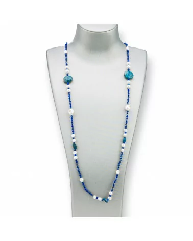 Collana Bijoux Con Pietre Dure, Perle Di Fiume Con Zirconi Annodate 90cm MOD6 Blu-DESIGN ITALY | Worldofjewel.com