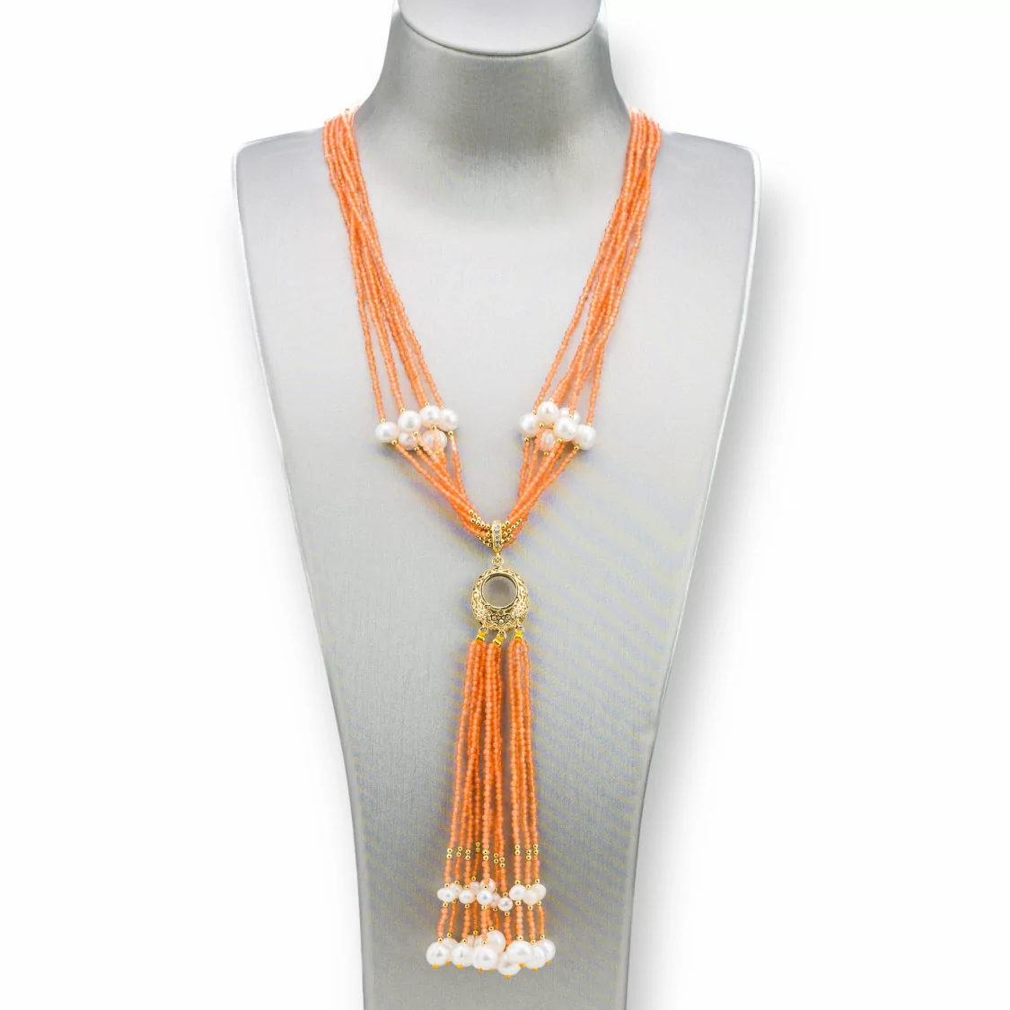 Collana Bijoux Con Pietre Dure, Perle Di Fiume E Zirconi 84cm Arancio-DESIGN ITALY | Worldofjewel.com