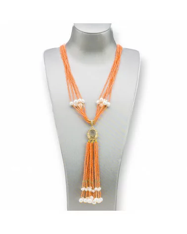 Collana Bijoux Con Pietre Dure, Perle Di Fiume E Zirconi 84cm Arancio-DESIGN ITALY | Worldofjewel.com