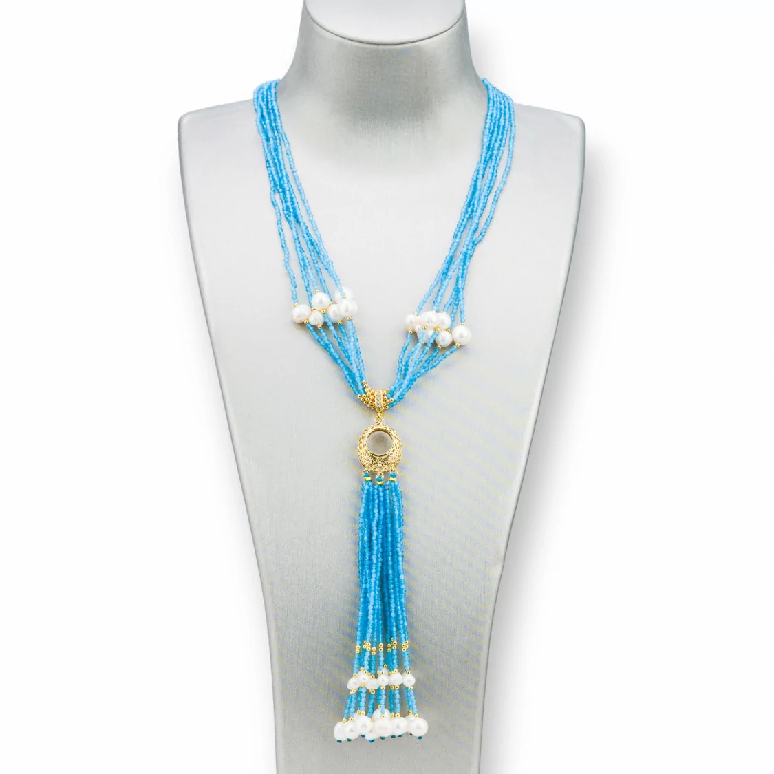 Collana Bijoux Con Pietre Dure, Perle Di Fiume E Zirconi 84cm Azzurro-DESIGN ITALY | Worldofjewel.com