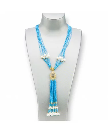 Collana Bijoux Con Pietre Dure, Perle Di Fiume E Zirconi 84cm Azzurro-DESIGN ITALY | Worldofjewel.com