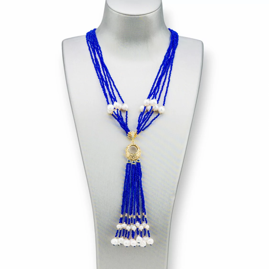 Collana Bijoux Con Pietre Dure, Perle Di Fiume E Zirconi 84cm Blu-DESIGN ITALY | Worldofjewel.com