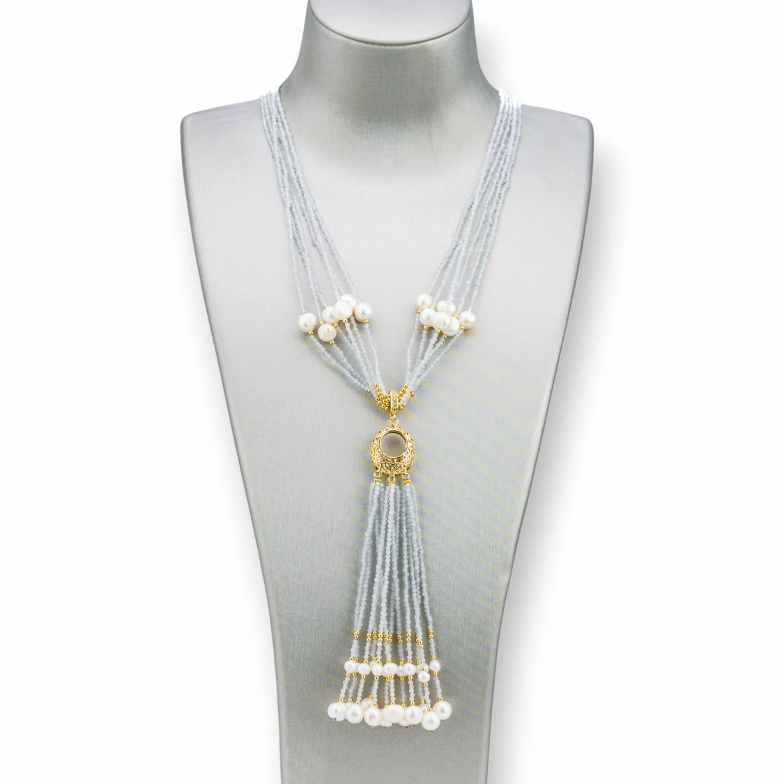 Collana Bijoux Con Pietre Dure, Perle Di Fiume E Zirconi 84cm Ghiaccio-DESIGN ITALY | Worldofjewel.com