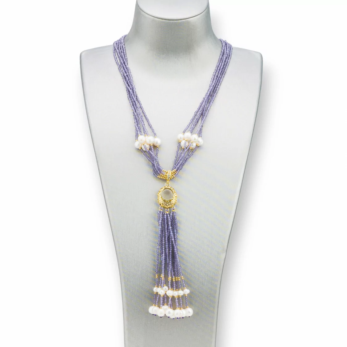 Collana Bijoux Con Pietre Dure, Perle Di Fiume E Zirconi 84cm Lilla-DESIGN ITALY | Worldofjewel.com