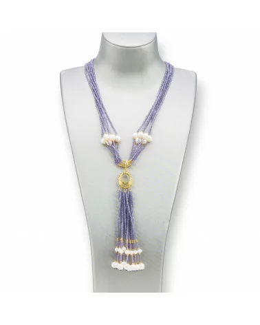 Collana Bijoux Con Pietre Dure, Perle Di Fiume E Zirconi 84cm Lilla-DESIGN ITALY | Worldofjewel.com