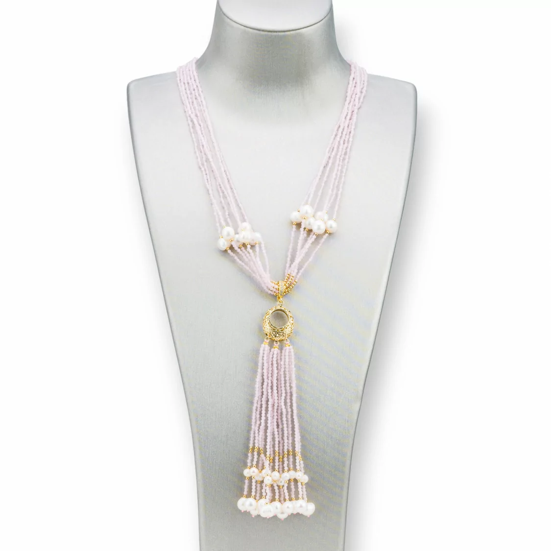 Collana Bijoux Con Pietre Dure, Perle Di Fiume E Zirconi 84cm Rosa-DESIGN ITALY | Worldofjewel.com