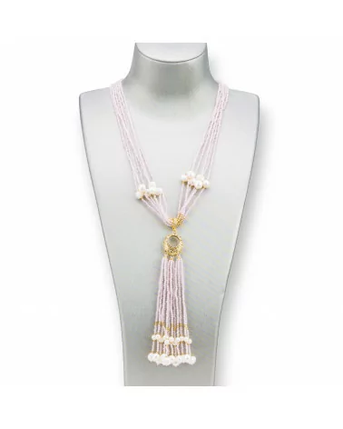 Collana Bijoux Con Pietre Dure, Perle Di Fiume E Zirconi 84cm Rosa-DESIGN ITALY | Worldofjewel.com