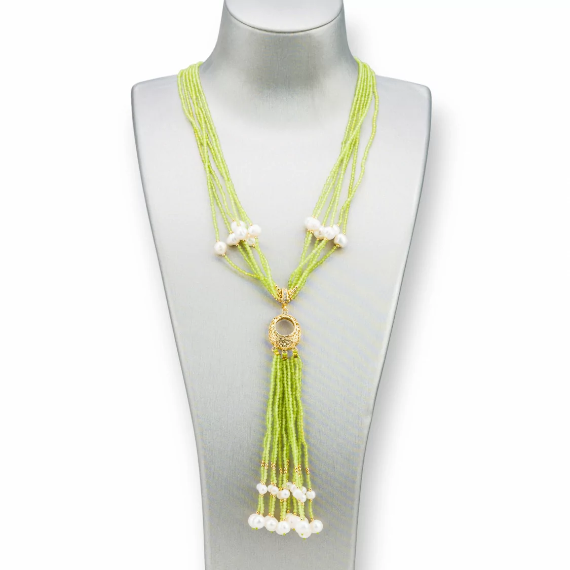 Collana Bijoux Con Pietre Dure, Perle Di Fiume E Zirconi 84cm Verde Acido-DESIGN ITALY | Worldofjewel.com