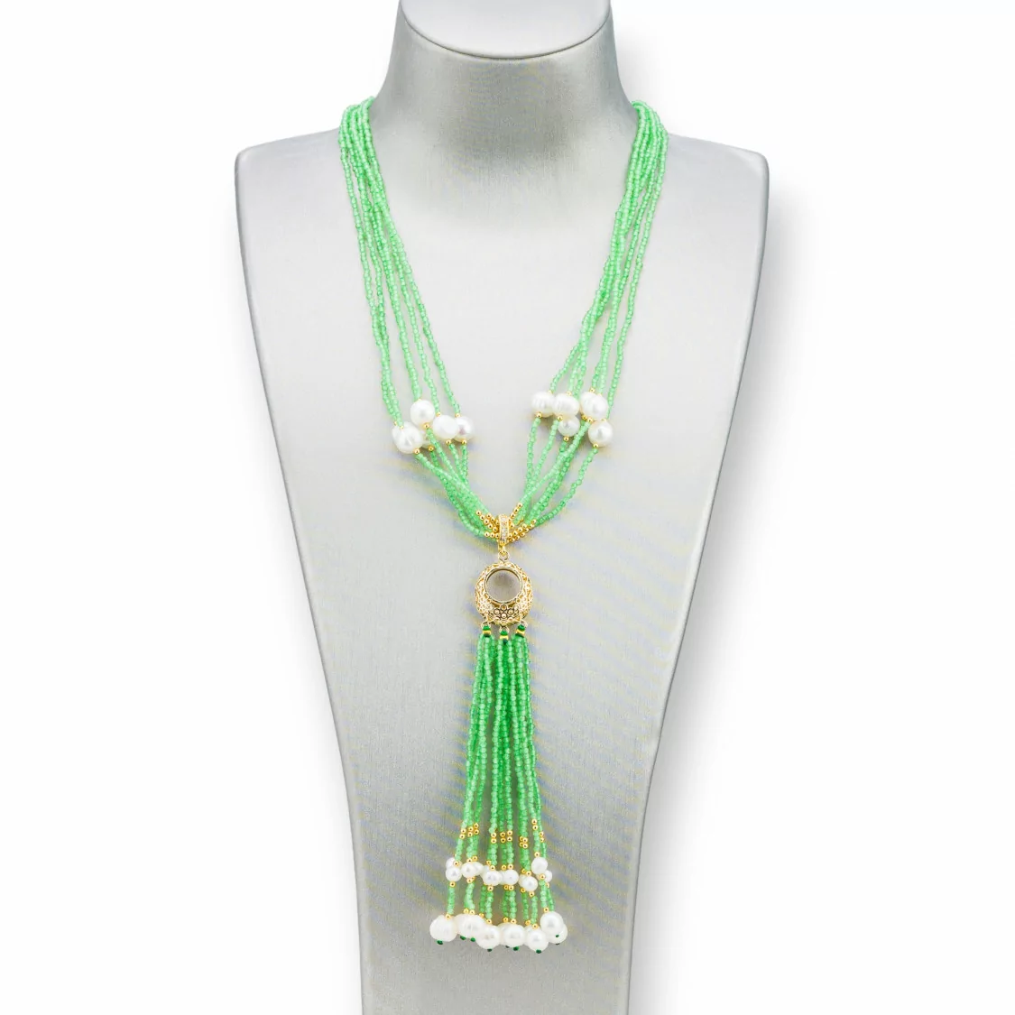 Collana Bijoux Con Pietre Dure, Perle Di Fiume E Zirconi 84cm Verde Chiaro-DESIGN ITALY | Worldofjewel.com