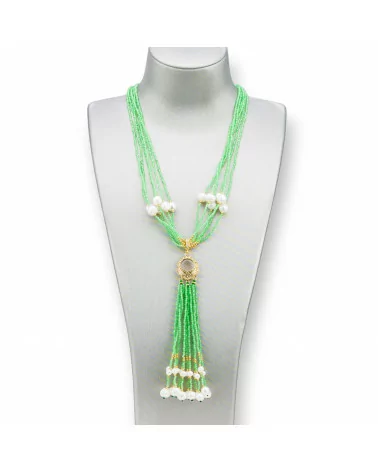 Collana Bijoux Con Pietre Dure, Perle Di Fiume E Zirconi 84cm Verde Chiaro-DESIGN ITALY | Worldofjewel.com