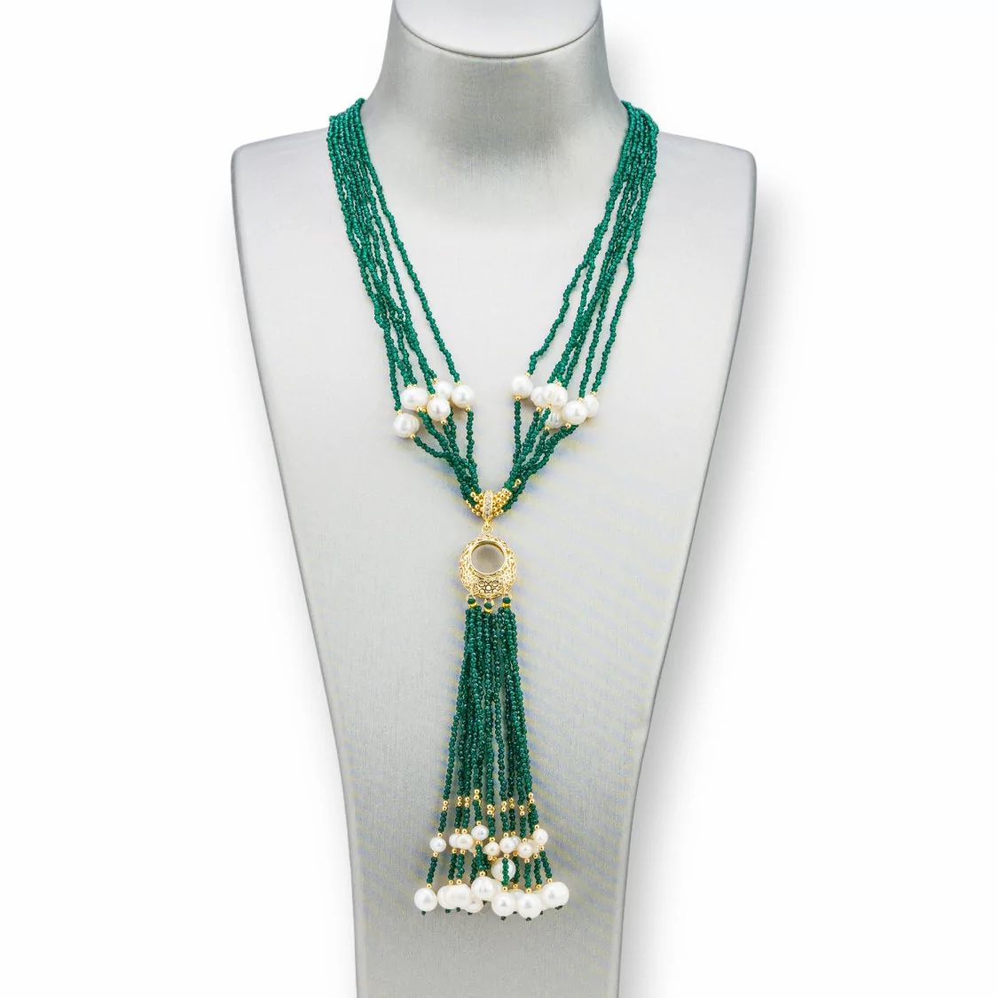 Collana Bijoux Con Pietre Dure, Perle Di Fiume E Zirconi 84cm Verde Smeraldo-DESIGN ITALY | Worldofjewel.com